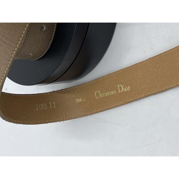 Christian Dior Tan Leather Belt Gold Tone Enamel Logo Buckle Sz Sm 30” - Picture 4 of 16